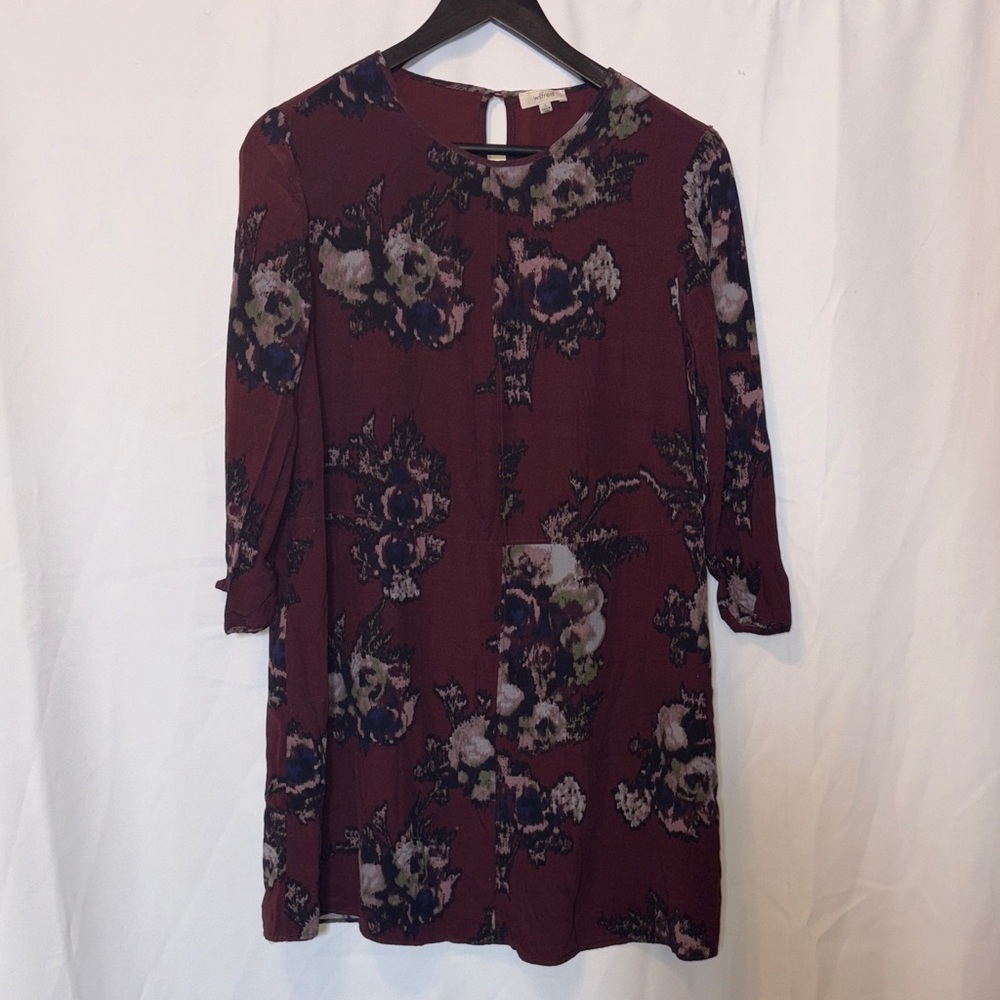 Wilfred Floral Burgundy Tunic Dress Women's Size S Viscose Long Sleeve Boho